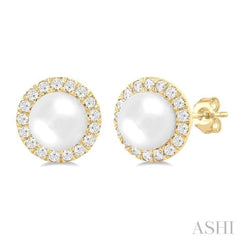 6 MM White Cultured Pearl and 1/4 Ctw Round Cut Diamond Halo Stud Earrings in 10K Yellow Gold