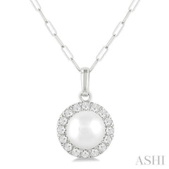 6 MM Cultured White Pearl and 1/6 Ctw Single Cut Diamond Halo Pendant With Chain in 14K White Gold