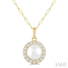 6 MM Cultured White Pearl and 1/6 Ctw Single Cut Diamond Halo Pendant With Chain in 10K Yellow Gold