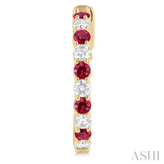 2.4 MM Round Cut Ruby and 5/8 Ctw Round Cut Diamond Precious Hoop Earring in 14K Yellow Gold