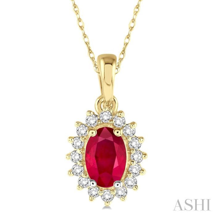 6x4 MM Oval Cut Ruby Center Sunflower and 1/8 Ctw Round Cut Diamond Precious Pendant in 10K Yellow Gold with chain