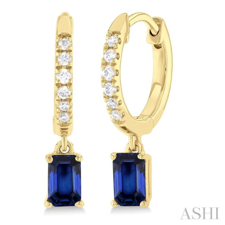 5x3 MM Emerald Cut Sapphire and 1/8 Ctw Round Cut Diamond Precious Petite Fashion Huggies in 10K Yellow Gold