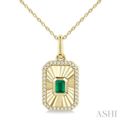 4X3 MM Octagon Shape Emerald and 1/8 Ctw Round Cut Diamond Precious Fluted Medallion Pendant in 10K Yellow Gold with Chain