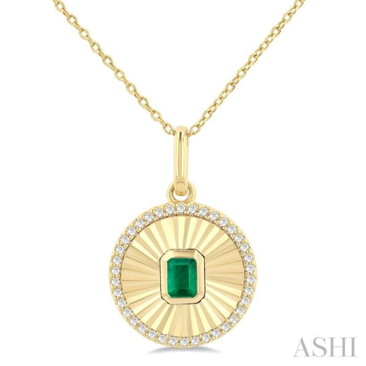 4X3 MM Octagon Shape Emerald and 1/8 Ctw Single Cut Diamond Precious Fluted Medallion Pendant in 10K Yellow Gold with Chain