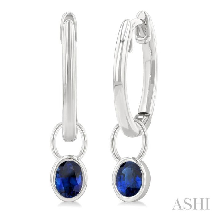 5x3 MM Bezel Set Oval Cut Sapphire Precious Fashion Huggie Earrings in 14K White Gold