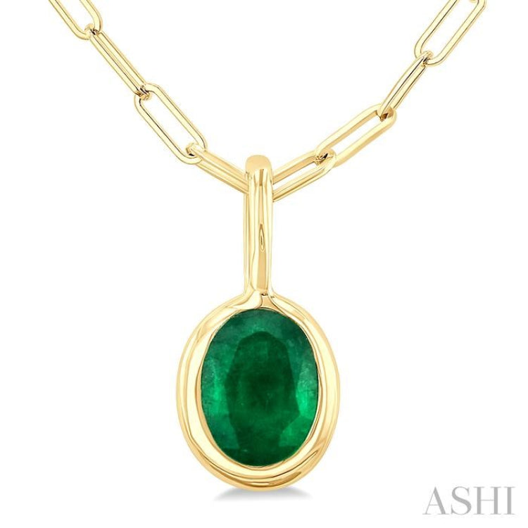 6x4 MM Bezel Set Oval Cut Emerald Precious Fashion Pendant With Paperclip Chain in 14K Yellow Gold