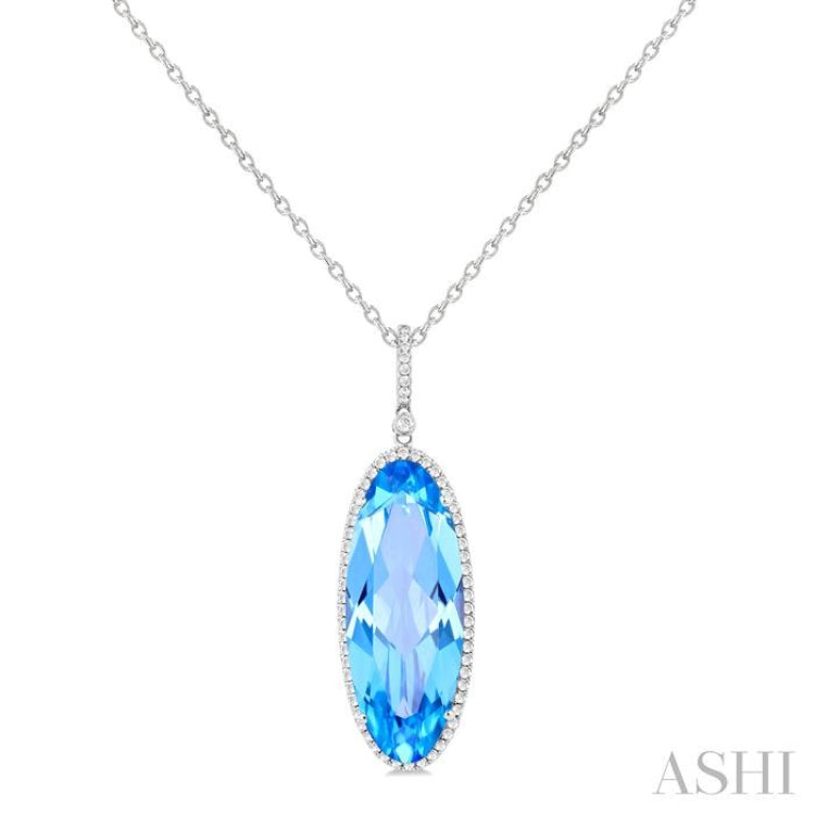 26x10 MM Oval Cut Blue Topaz and 1/3 Ctw Round Cut Diamond Semi-Precious Pendant With Chain in 14K White Gold