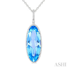26x10 MM Oval Cut Blue Topaz and 1/3 Ctw Round Cut Diamond Semi-Precious Pendant With Chain in 14K White Gold