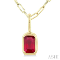 6x4 MM Bezel Set Emerald Cut Ruby Precious Fashion Pendant With Paperclip Chain in 14K Yellow Gold