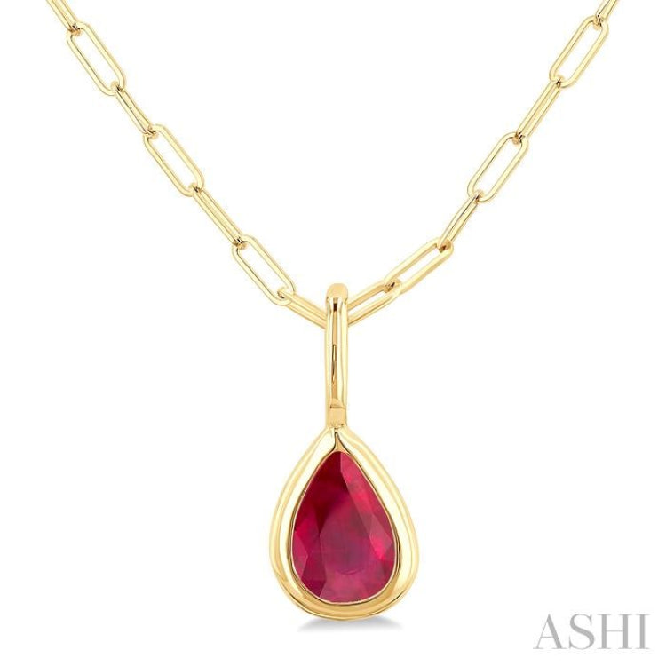 6x4 MM Bezel Set Pear Cut Ruby Precious Fashion Pendant With Paperclip Chain in 14K Yellow Gold