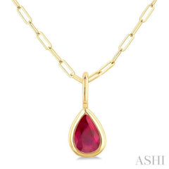6x4 MM Bezel Set Pear Cut Ruby Precious Fashion Pendant With Paperclip Chain in 14K Yellow Gold