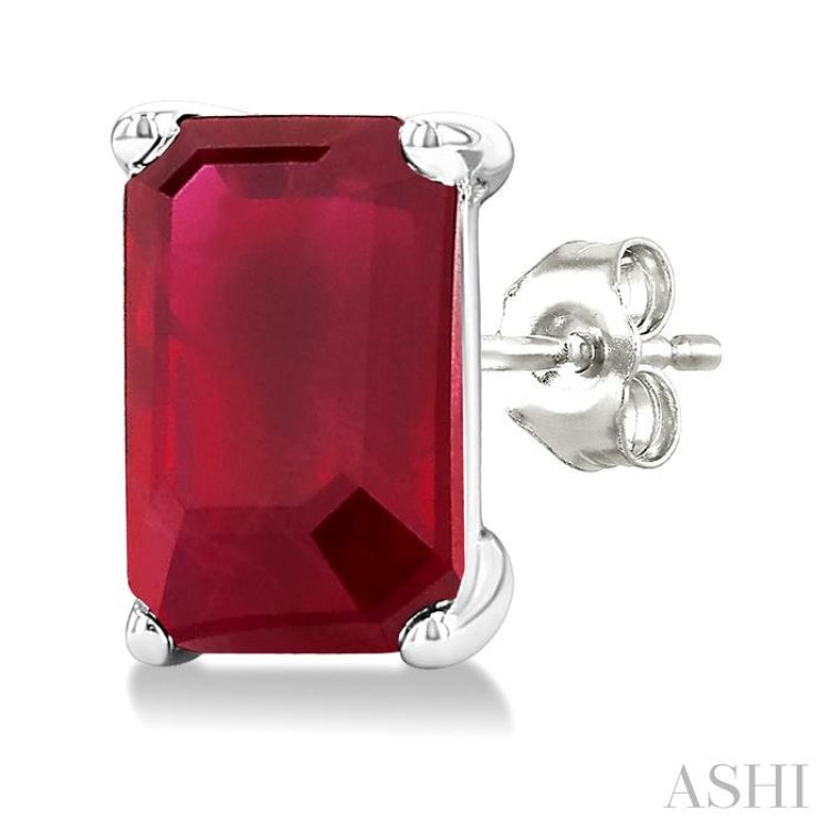 5X3 MM Octagon Shape Ruby Precious Stud Earrings in 14K White Gold