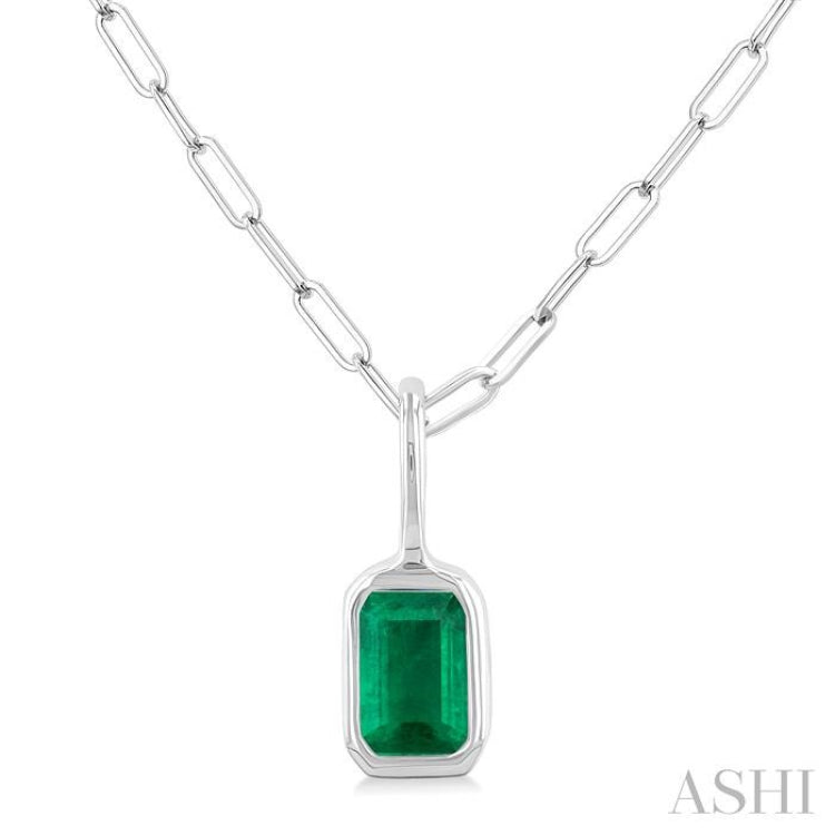 6x4 MM Bezel Set Emerald Precious Fashion Pendant With Paperclip Chain in 10K White Gold