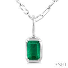 6x4 MM Bezel Set Emerald Precious Fashion Pendant With Paperclip Chain in 10K White Gold