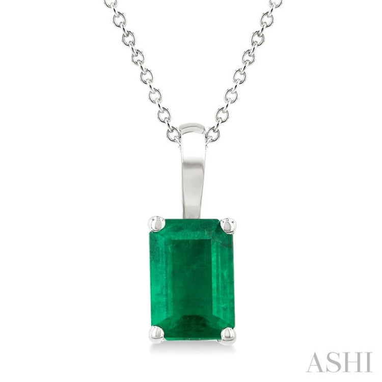 6X4 MM Octagon Shape Emerald Precious Solitaire Pendant With Chain in 14K White Gold