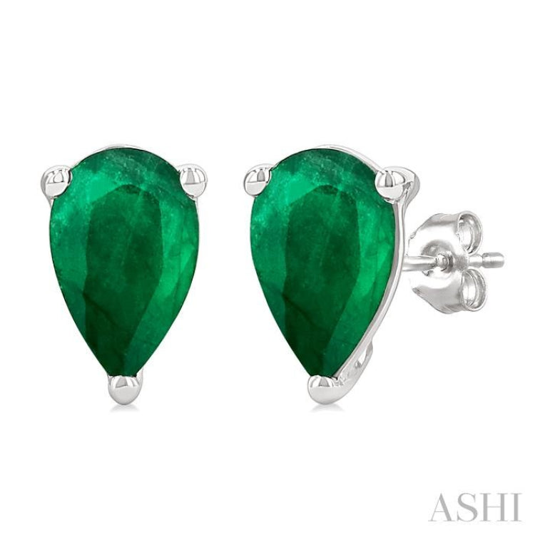 4X3 MM Pear Shape Emerald Precious Stud Earrings in 14K White Gold