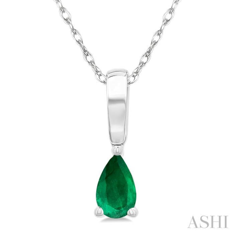 5X3 MM Pear Shape Emerald Precious Solitaire Pendant With Chain in 14K White Gold
