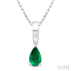 5X3 MM Pear Shape Emerald Precious Solitaire Pendant With Chain in 14K White Gold