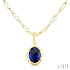 6x4 MM Bezel Set Oval Cut Sapphire Precious Fashion Pendant With Paperclip Chain in 10K Yellow Gold
