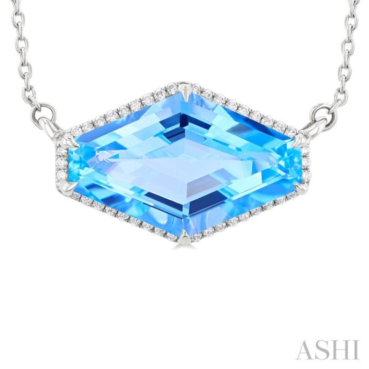 16x10 MM Hexagon Shape Blue Topaz and 1/10 Ctw Round Cut Diamond Halo Semi-Precious Pendant With Chain in 14K White Gold