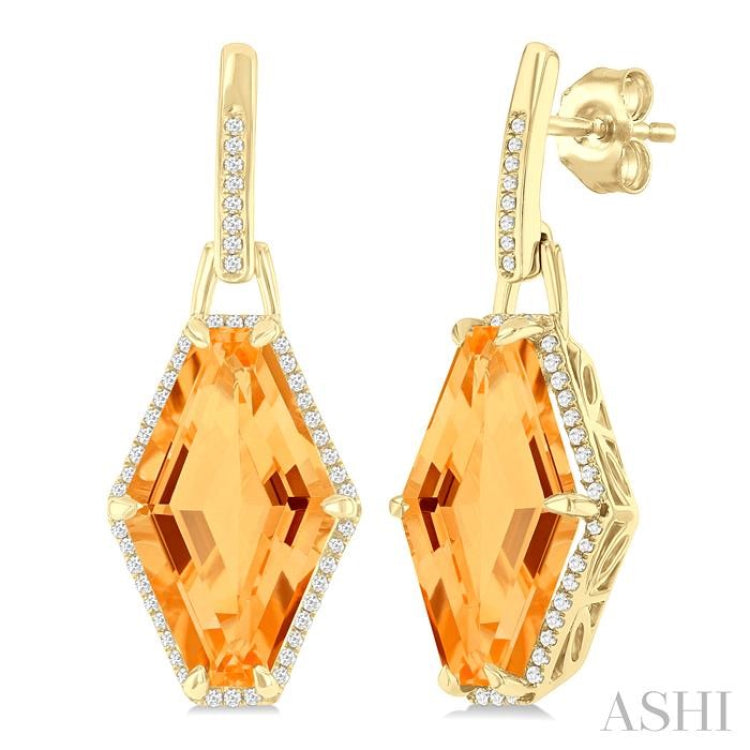 16x10 MM Hexagon Shape Citrine and 1/4 Ctw Round Cut Diamond Halo Semi-Precious Earrings in 14K Yellow Gold