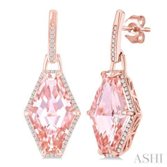 16x10 MM Hexagon Shape Morganite and 1/4 Ctw Round Cut Diamond Halo Semi-Precious Earrings in 14K Rose Gold