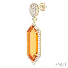 22x8 MM Hexagon Shape Citrine and 7/8 Ctw Round Cut Diamond Halo Semi-Precious Earrings in 14K Yellow Gold