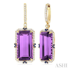 17x9 MM Emerald Cut Amethyst and .80 MM Sapphire & 1/3 Ctw Round Cut Diamond Halo Precious & Semi-Precious Earrings in 14K Yellow Gold
