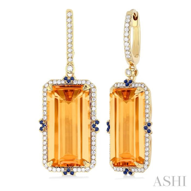 17x9 MM Emerald Cut Citrine and .80 MM Sapphire & 1/3 Ctw Round Cut Diamond Halo Precious & Semi-Precious Earrings in 14K Yellow Gold