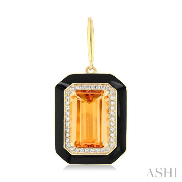 12x8 MM Emerald Cut Citrine and 1/3 Ctw Round Cut Diamond Halo & Black Enamel Border Semi-Precious Earrings in 14K Yellow Gold