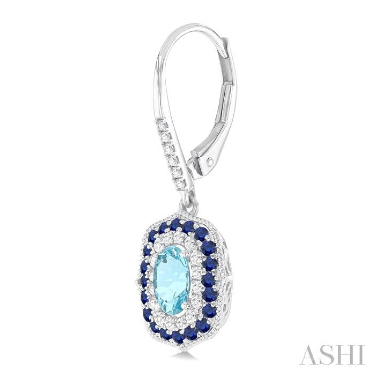 6x4 MM Oval Cut Aquamarine, 1.25 MM Sapphire and 1/3 Ctw Round Cut Diamond Halo Precious and Semi-Precious Fashion Earrings in 14K White Gold