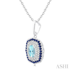 7x5 MM Oval Cut Aquamarine, 1.25MM Sapphire and 1/3 Ctw Round Cut Diamond Halo Precious and Semi-Precious Fashion Pendant With Chain in 14K White Gold