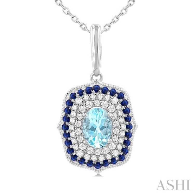 7x5 MM Oval Cut Aquamarine, 1.25MM Sapphire and 1/3 Ctw Round Cut Diamond Halo Precious and Semi-Precious Fashion Pendant With Chain in 14K White Gold
