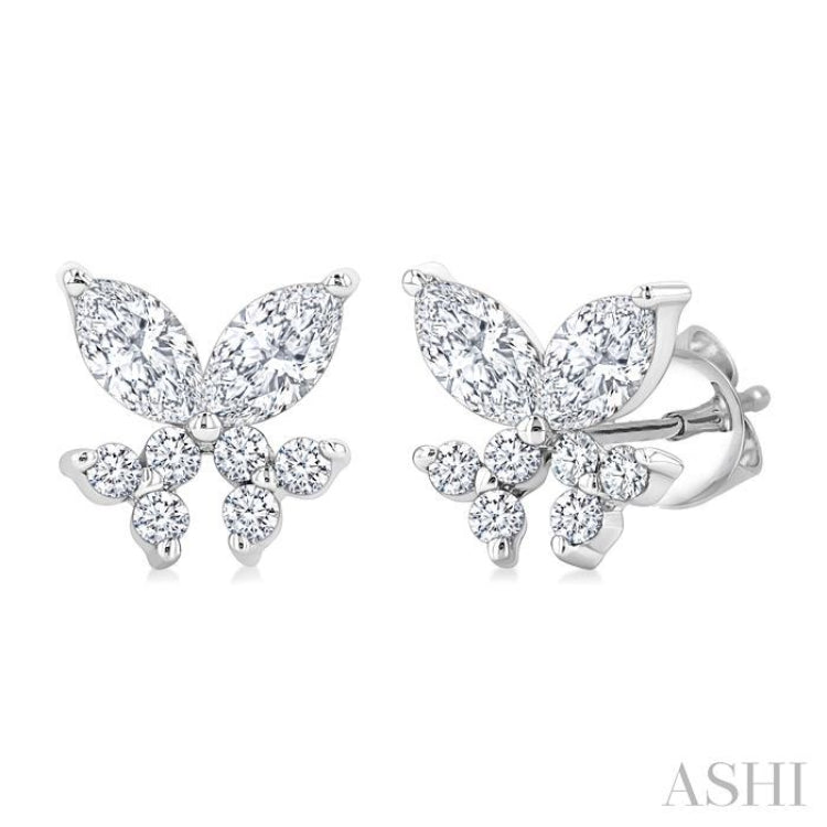 3/8 Ctw Marquise and Round Cut Diamond Criss-Cross Fish Stud Earrings in 14K White Gold