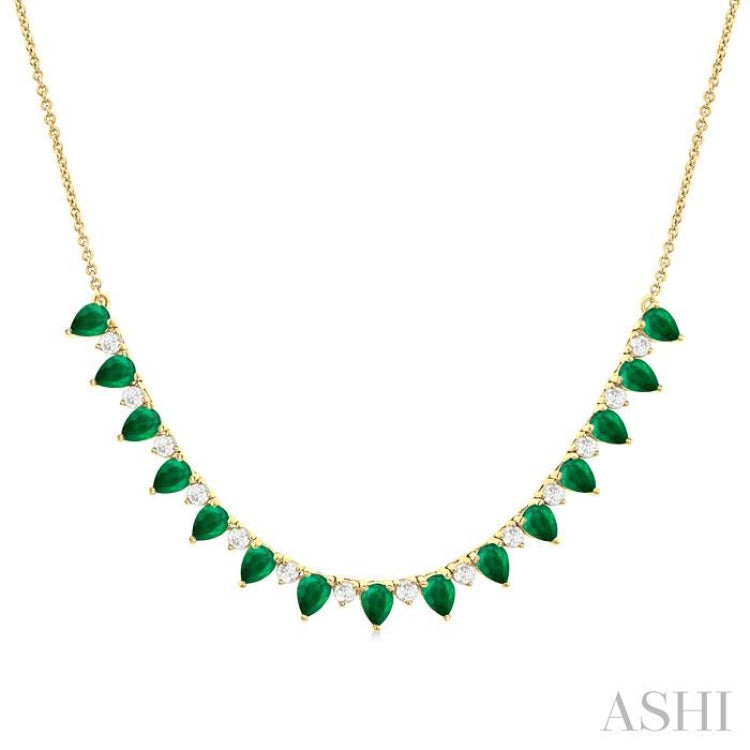 4x3 MM Pear Shape Emerald and 1/2 Ctw Round Cut Diamond Precious Tennis Necklace in 14K Yellow Gold