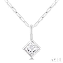 1/5 Ctw Princess Cut Bezel Set Diamond Fashion Pendant with Paperclip Chain in 10K White Gold