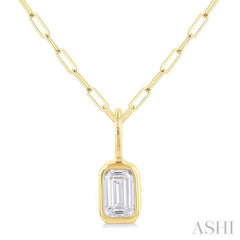 1/5 Ctw Emerald Cut Bezel Set Diamond Fashion Pendant With Paperclip Chain in 10K Yellow Gold