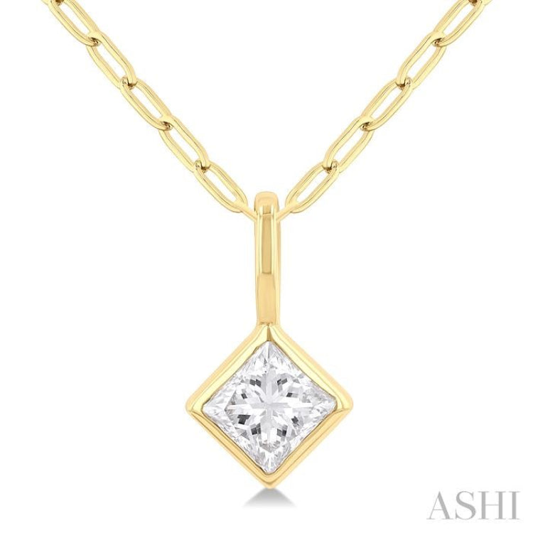 1/5 Ctw Princess Cut Bezel Set Diamond Fashion Pendant with Paperclip Chain in 10K Yellow Gold