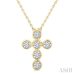1/4 Ctw Round Cut Diamond 6-Stone Bezel Set Cross Pendant With Chain in 14K Yellow Gold