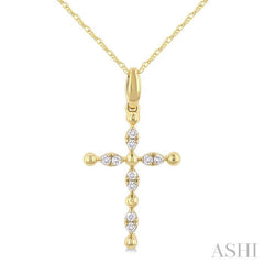 1/20 Ctw Cross Marquise and Ball Bead Motif Round Cut Diamond Fashion Pendant With Chain in 10K Yellow Gold