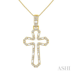 1/2 Ctw Open Window Cross Frame Baguette and Round Cut Diamond Fashion Pendant With Chain in 10K Yellow Gold