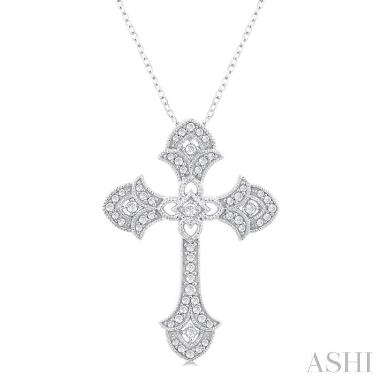 1/4 Ctw Cross Round Cut Diamond Fashion Pendant With Chain in 14K White Gold