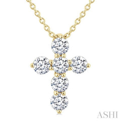 1/3 Ctw Round Cut Diamond Christian Cross 6-Stone Fashion Pendant With Chain in 14K Yellow Gold