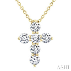 1/3 Ctw Round Cut Diamond Christian Cross 6-Stone Fashion Pendant With Chain in 14K Yellow Gold