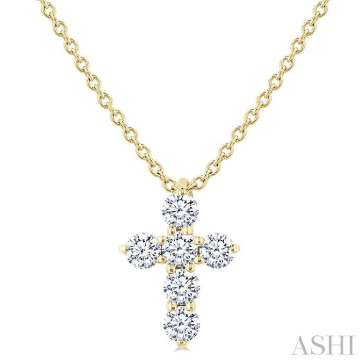 1/4 Ctw Round Cut Diamond Christian Cross 6-Stone Fashion Pendant With Chain in 14K Yellow Gold