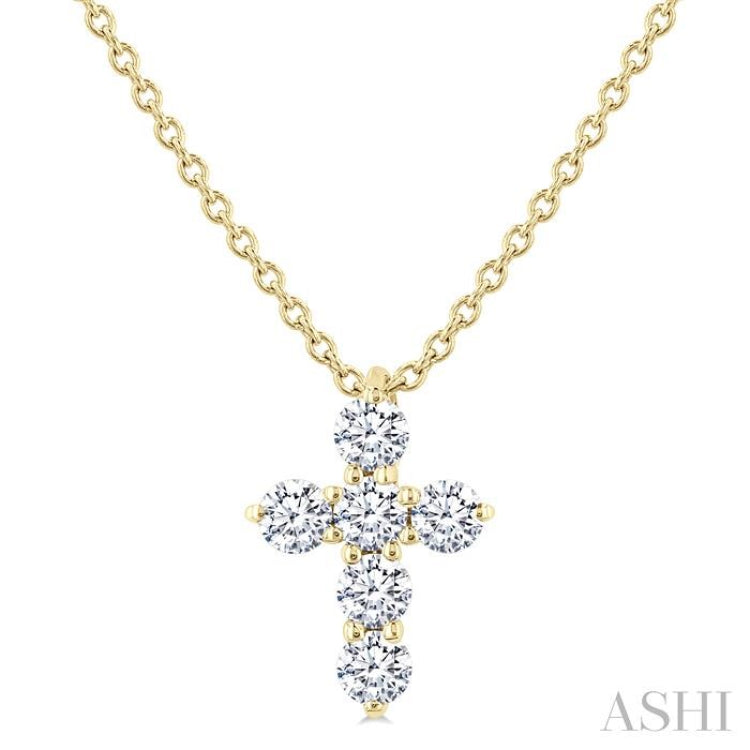 1/4 Ctw Round Cut Diamond Christian Cross 6-Stone Fashion Pendant With Chain in 14K Yellow Gold