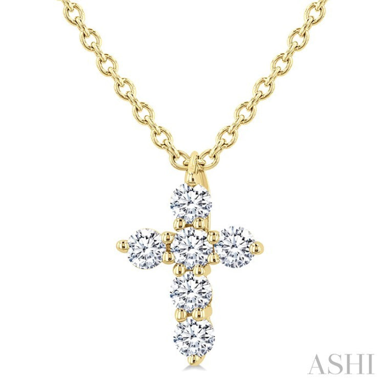 1/6 Ctw Round Cut Diamond Christian Cross 6-Stone Fashion Pendant With Chain in 14K Yellow Gold