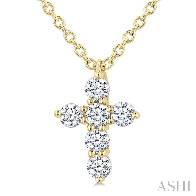 1/6 Ctw Round Cut Diamond Christian Cross 6-Stone Fashion Pendant With Chain in 14K Yellow Gold