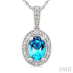 7X5 MM Oval Shape Blue Topaz and 1/50 Ctw Single Cut Diamond Semi-precious Pendant With Chain in Sterling Silver