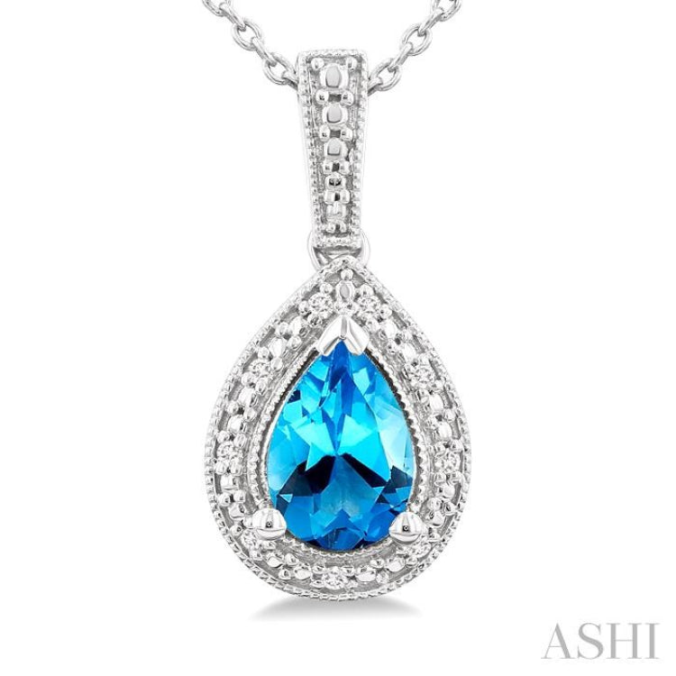 7X5 MM Pear Shape Blue Topaz and 1/50 Ctw Single Cut Diamond Semi-precious Pendant With Chain in Sterling Silver